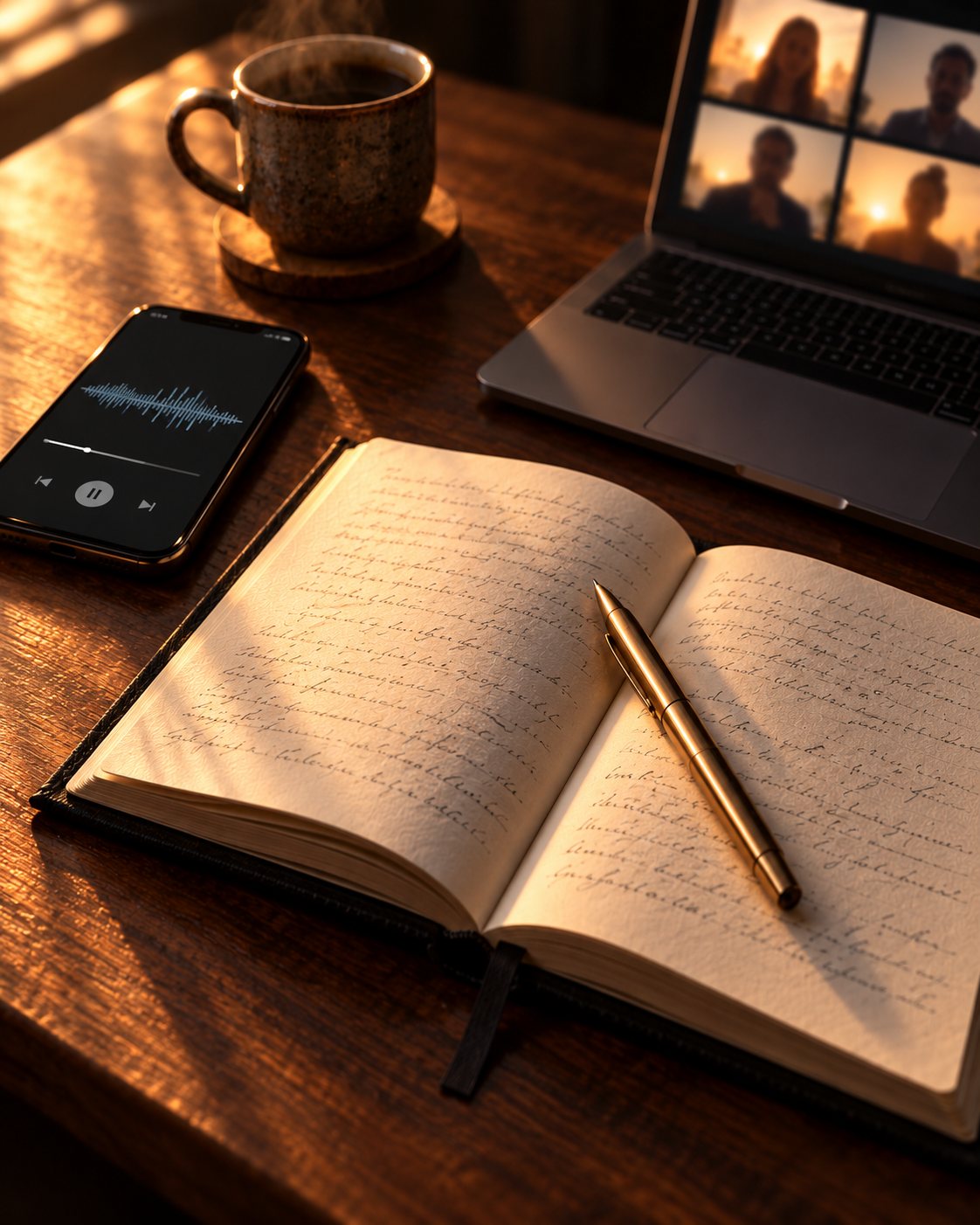 Morning light on the open field book, the audio on a phone, the Friday call on a laptop