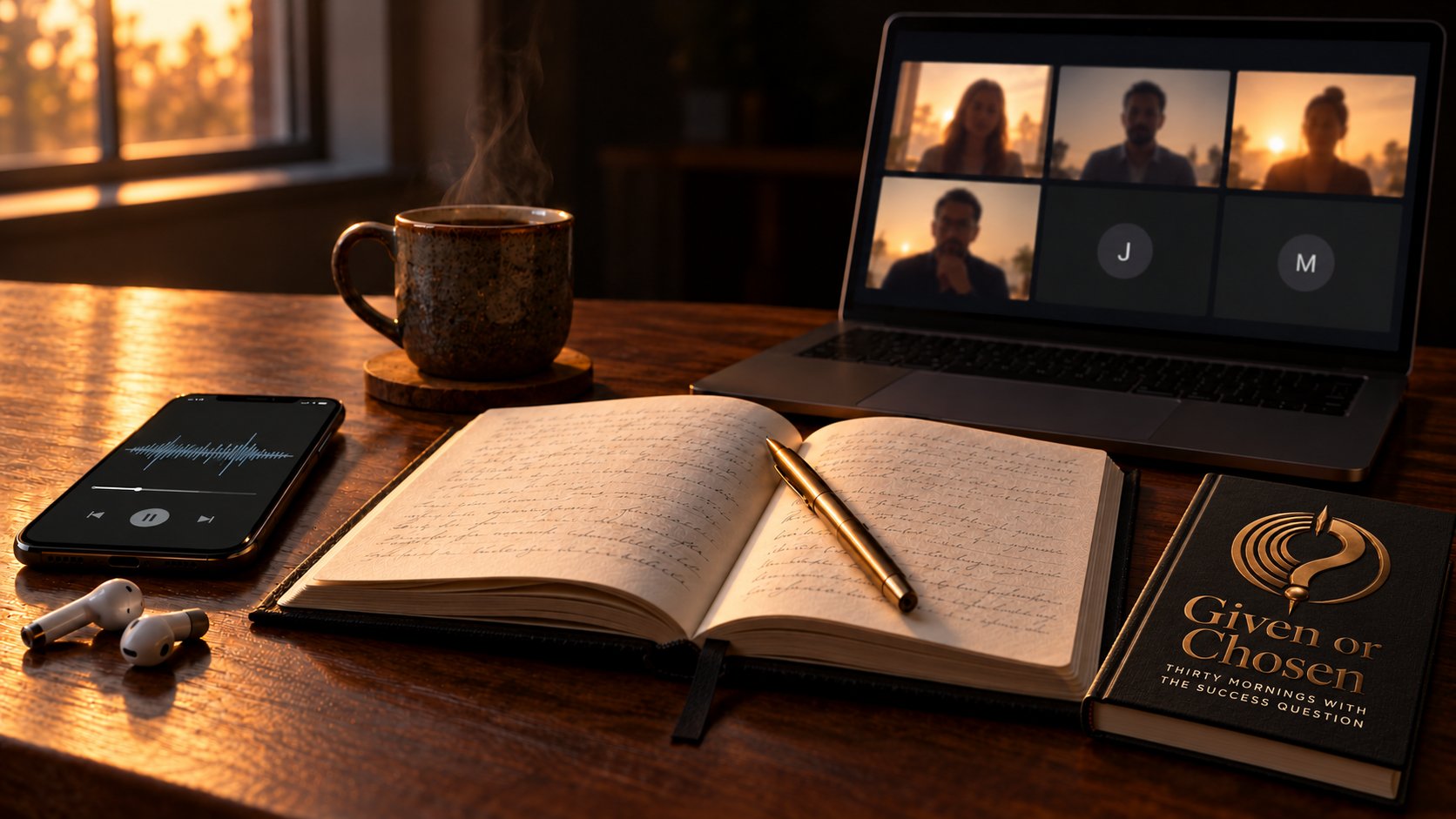 The program on a desk at dawn: the Given or Chosen book, the field book open, the morning audio, the Friday call